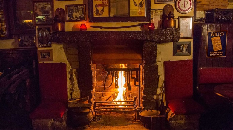 Burning fireplace inside Sean's Bar