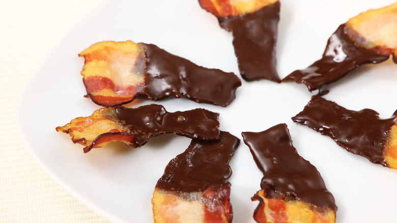 Plate of bacon dipped chocolate