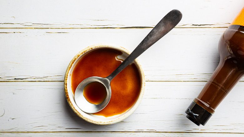 Spoon of Worcestershire sauce 