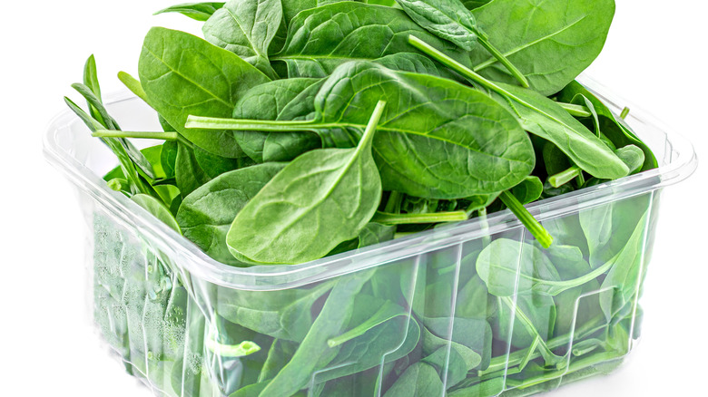 salad greens in plastic container 
