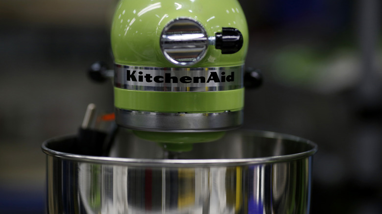 closeup of a green KitchenAid mixer