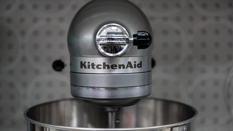 gray KitchenAid mixer in a store display
