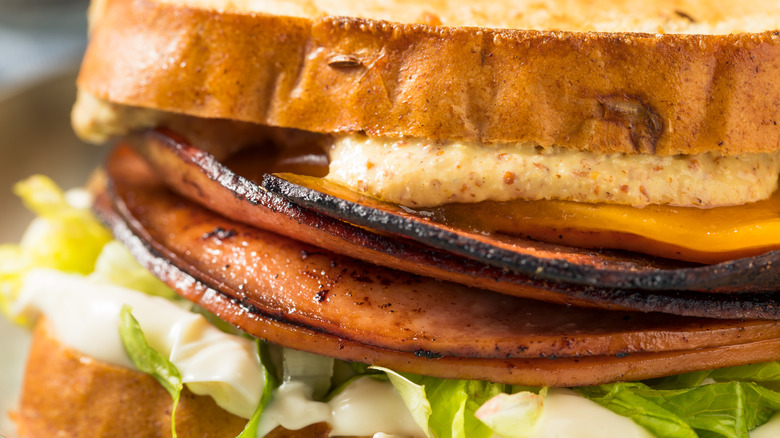 Closeup of fried bologna sandwich
