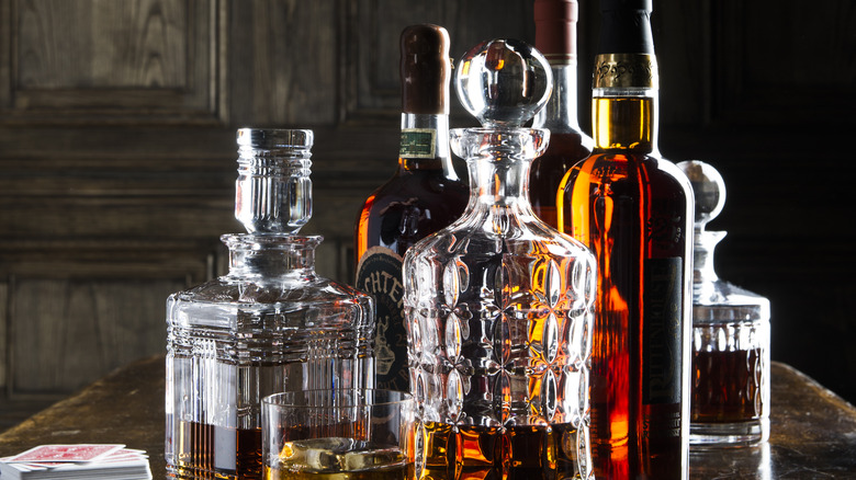 various liquor decanters on a table