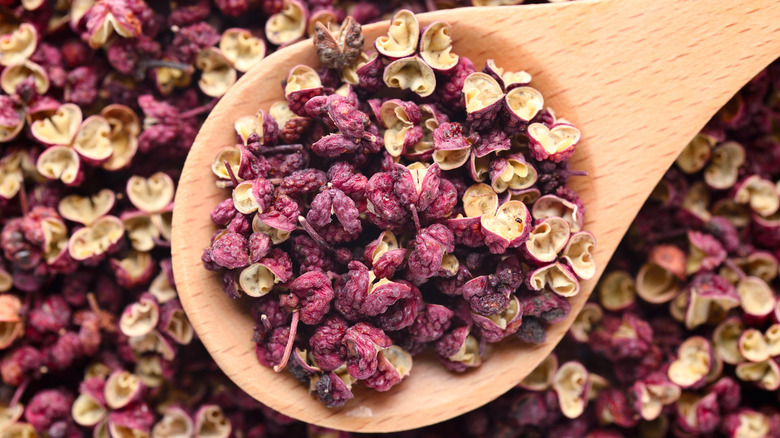 Dried Sichuan peppercorns in wooden spoon