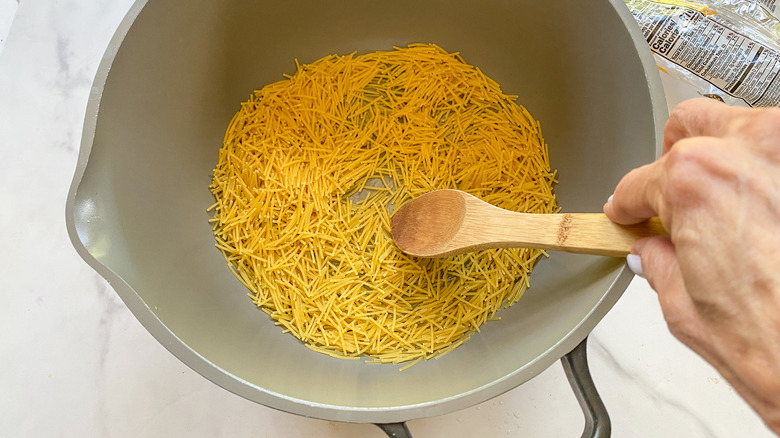 toasting fideo in pot