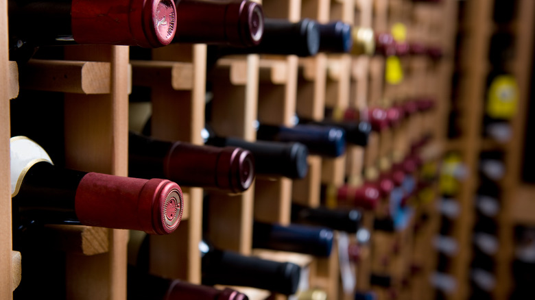 Wine cellar full of wines with selective focus