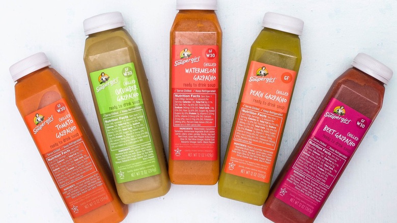 Five bottles of cold soup gazpacho from Soupergirl 