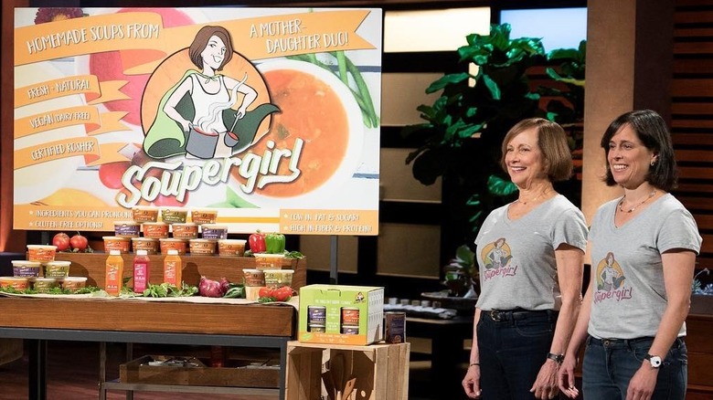 Sara and Marilyn Polon of Soupergirl on Shark Tank set