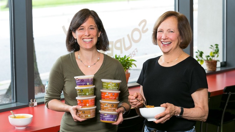 Sara and Marilyn Polon in Soupgirl cafe with packages of soup