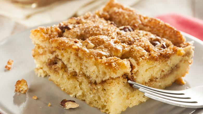 Close up of coffee cake with fork 