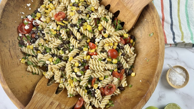 pasta salad in wooden bowl