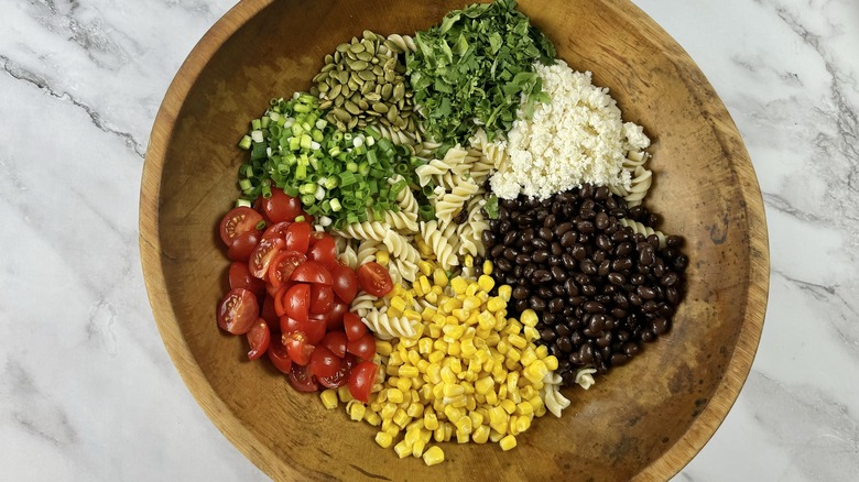 pasta salad ingredients in bowl