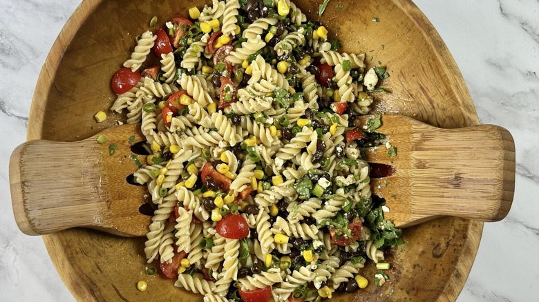 pasta salad in wooden bowl