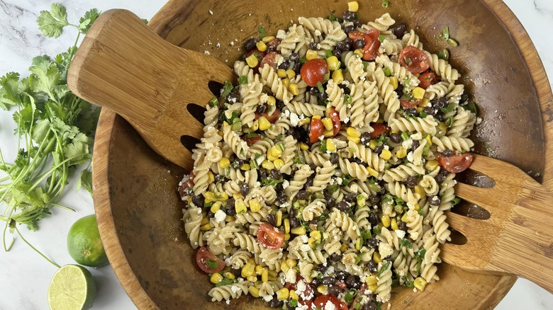 pasta salad in wooden bowl