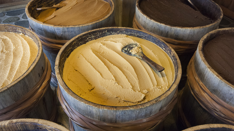 Wood barrels full of miso paste