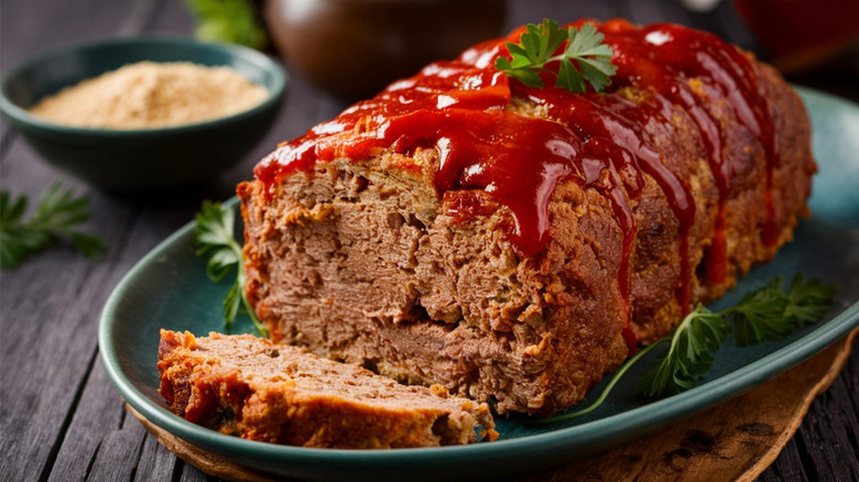 Meatloaf topped with red sauce on a plate