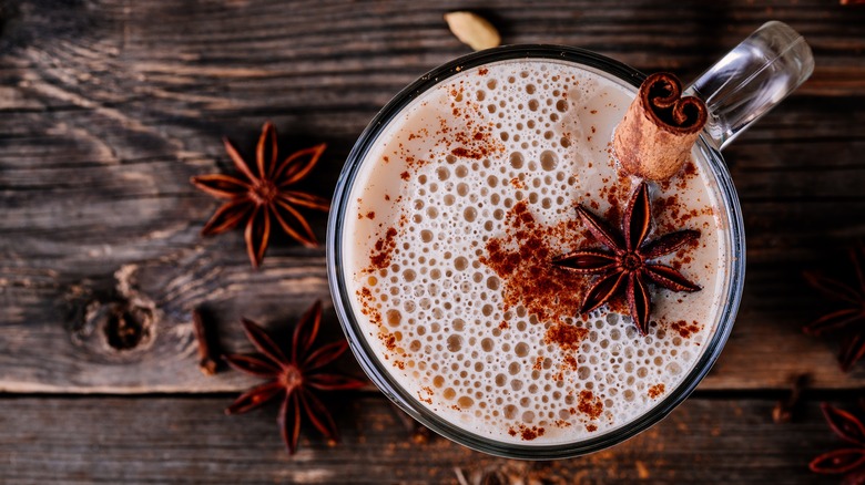 Chai in a mug with star anise and cinnamon