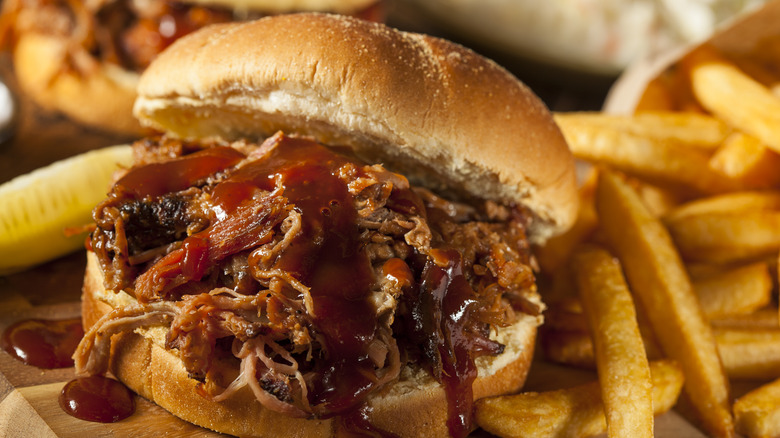 South Carolina mustard BBQ sauce on pulled pork sandwich