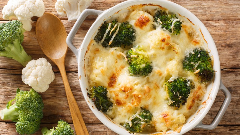 broccoli and cauliflower casserole in white pot