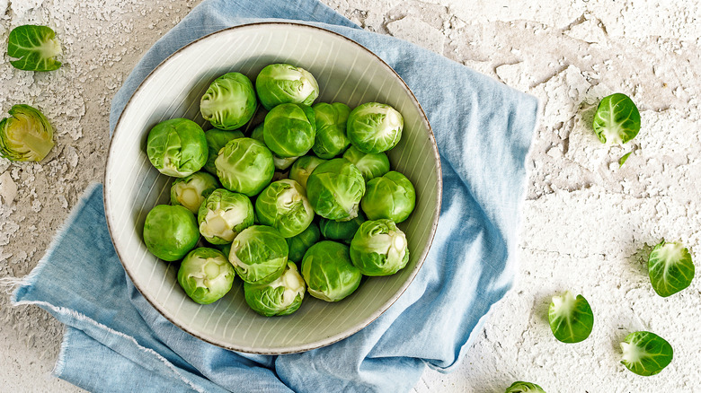 Large plate of fresh raw Brussels sprouts