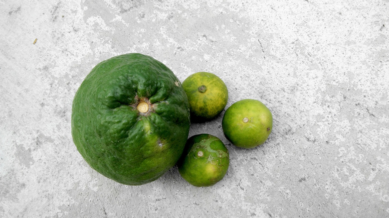 A standard lime next to three key limes on a table