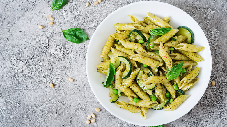 Penne pasta with zucchini and pesto