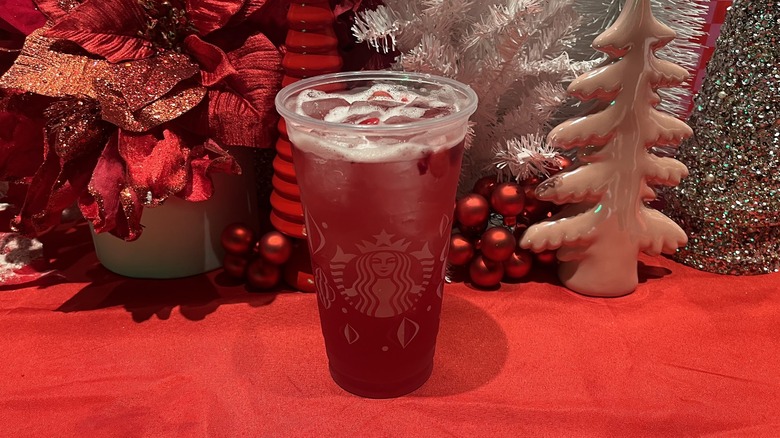 Starbucks Lemonade Cran-Merry Refresher on a red tablecloth