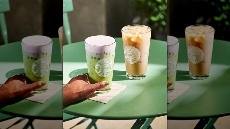 Starbucks Lavender Beverages on green table