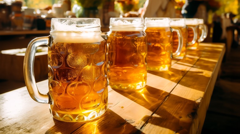 rows of beer at German beer festival