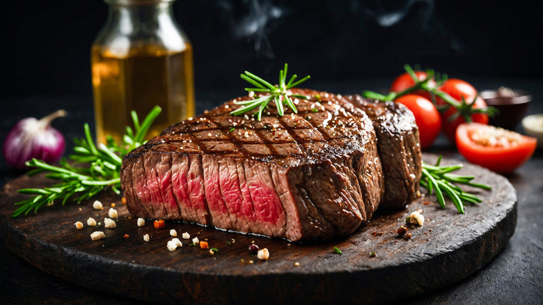 Juicy sliced steak on a wood board