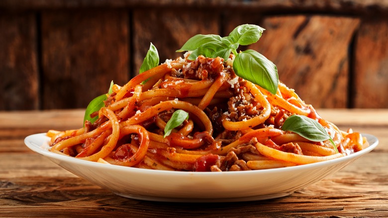 Spaghetti Bolognese with basil
