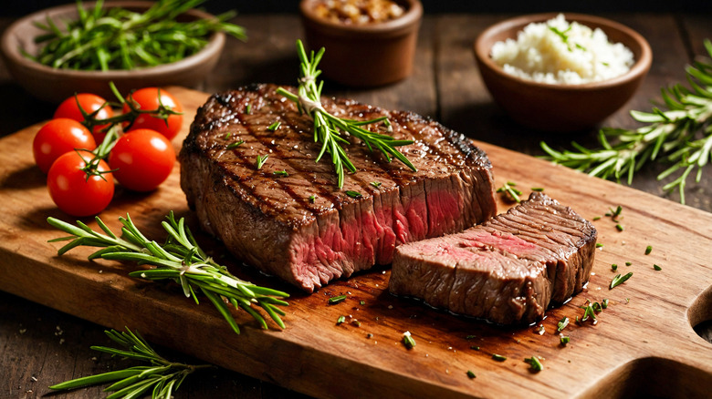 Grilled steak on a cutting board with tomatoes and rosemary.