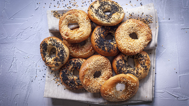 Aerial view of several bagel varieties