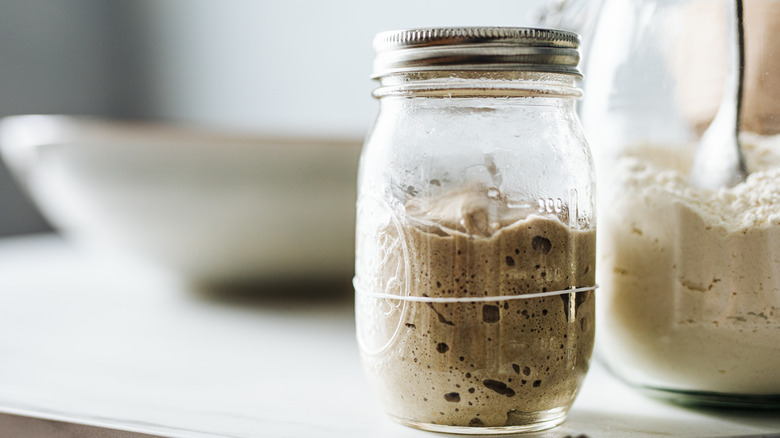 Sourdough starter in glass jar