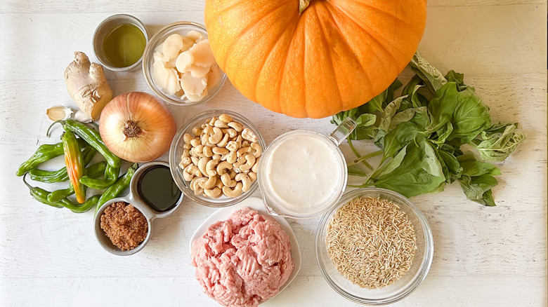 ingredients for rice and pork stuffed pumpkin