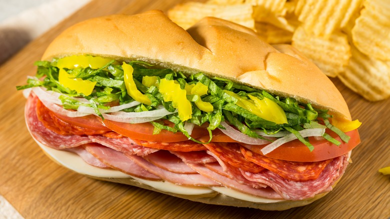 Italian hoagie with deli meat and veggies