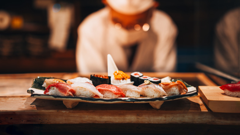 A plate of sushi at an omakase restaurant.