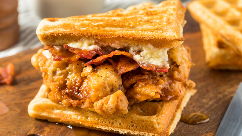 chicken and waffle sandwich with bacon