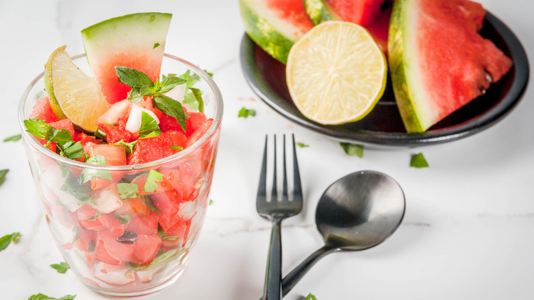 Watermelon salsa in glass container 