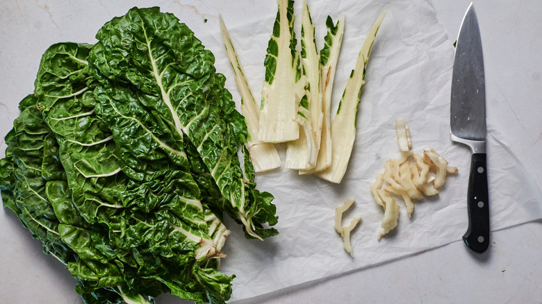 swiss chard and knife