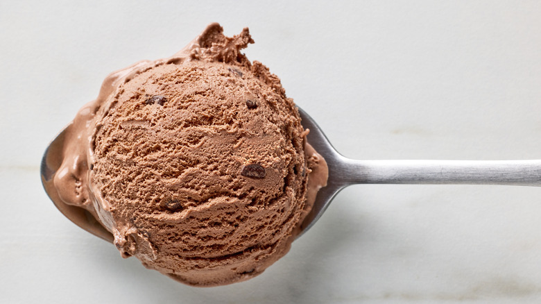 a scoop of chocolate ice cream on a spoon