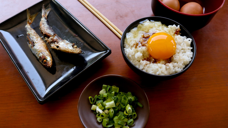 tamago kake gohan with grilled fish