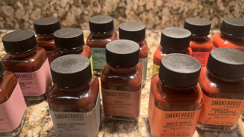 Top view of Smokehouse BBQ sauce bottles on kitchen counter