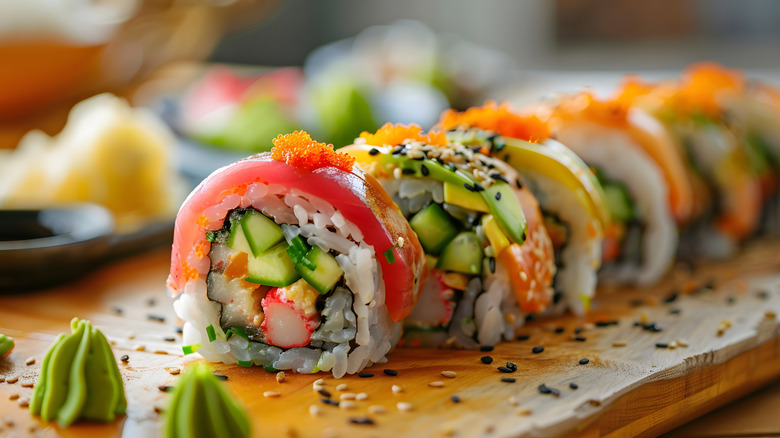 Colorful variety of maki rolls on a wooden board