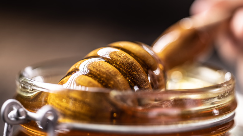 Honey dipper in jar of honey