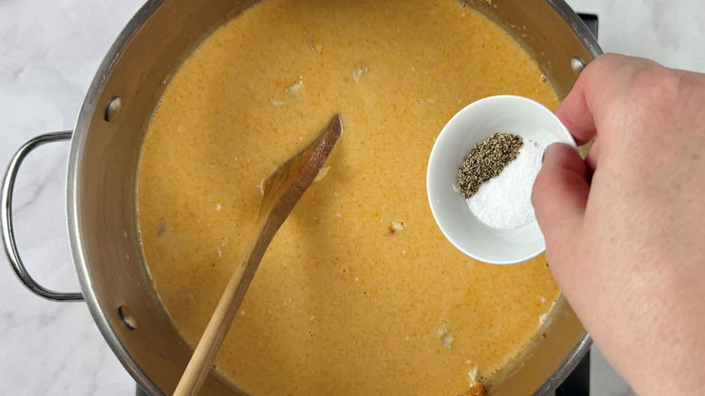 Adding salt and pepper to soup pot