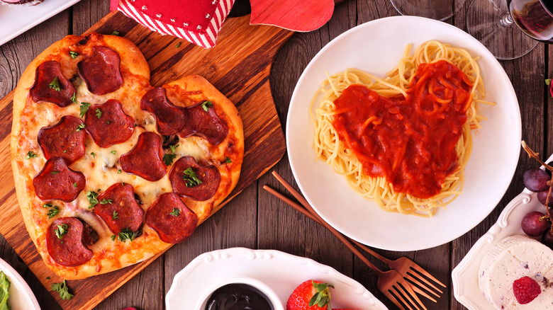 heart-shaped spaghetti and pizza