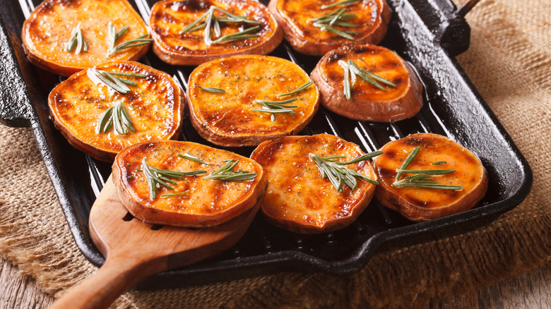 Grilled sweet potatoes with leaf springs on top