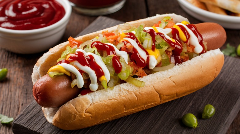 hot dog with multiple toppings